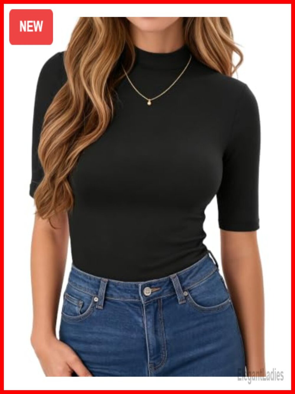 Women's Mock Turtle Neck 3/4 Sleeve Slim Fit T-Shirt Casual Tee